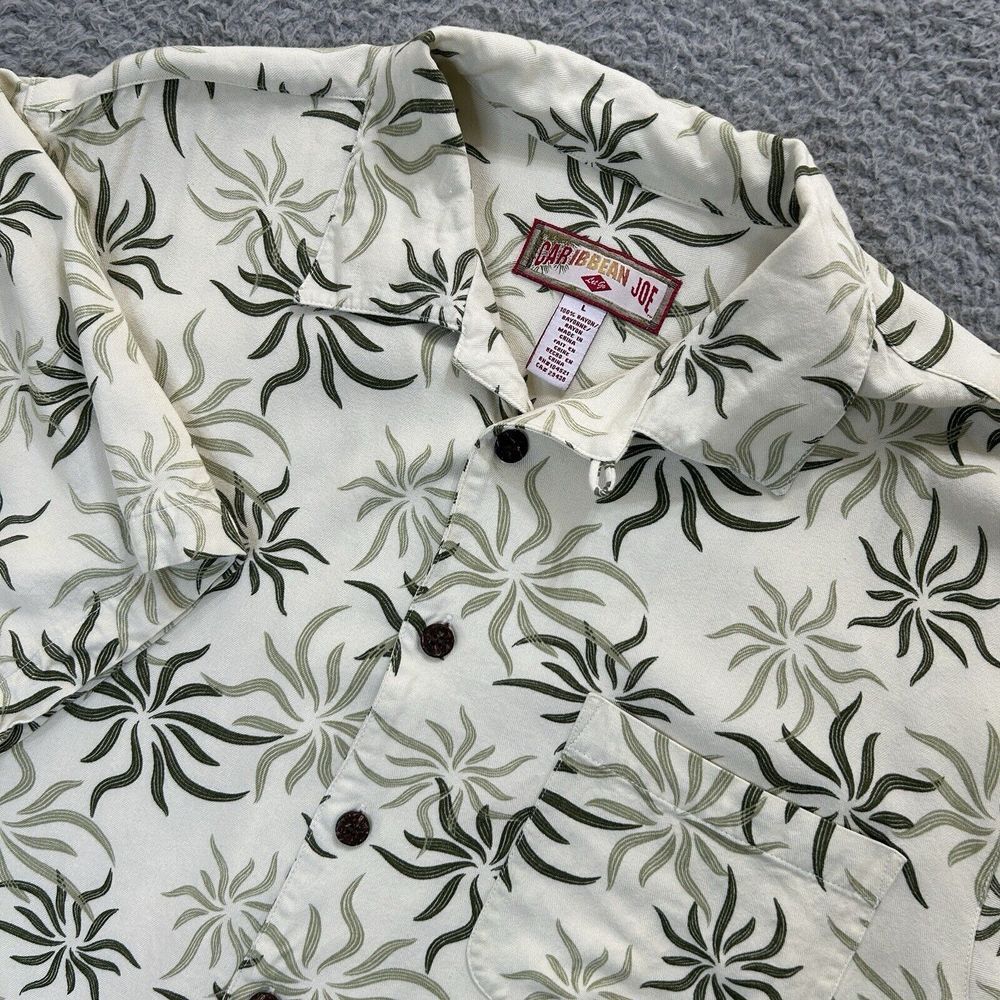 Caribbean Joe Shirt Mens Large Beige & Green Floral Camp Rayon Hawaiian Tropical